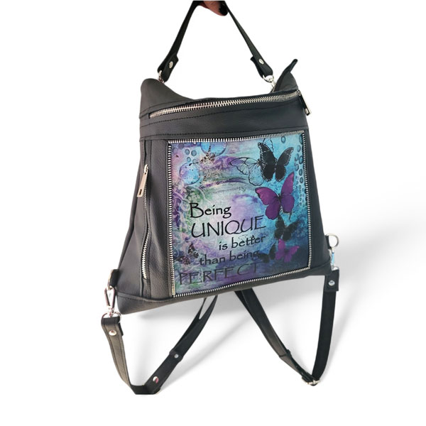 Modri kožni ruksak / torba s natpisom Being Unique is Better Than Being Perfect