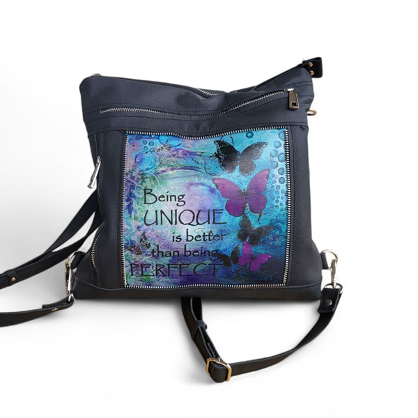 Modri kožni ruksak / torba s natpisom Being Unique is Better Than Being Perfect