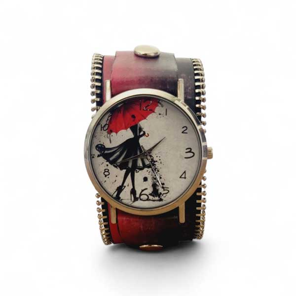 Sat-crno-crveni-woman-with-an-umbrella-front-02 modni ženski sat s patent zatvaračem i drukerima